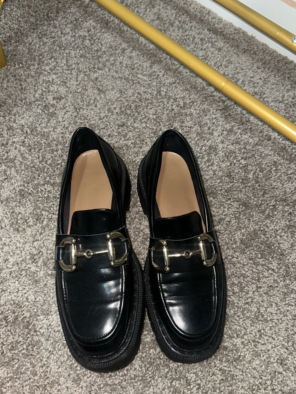 Black Leather Bit Loafers with Gold Hardware